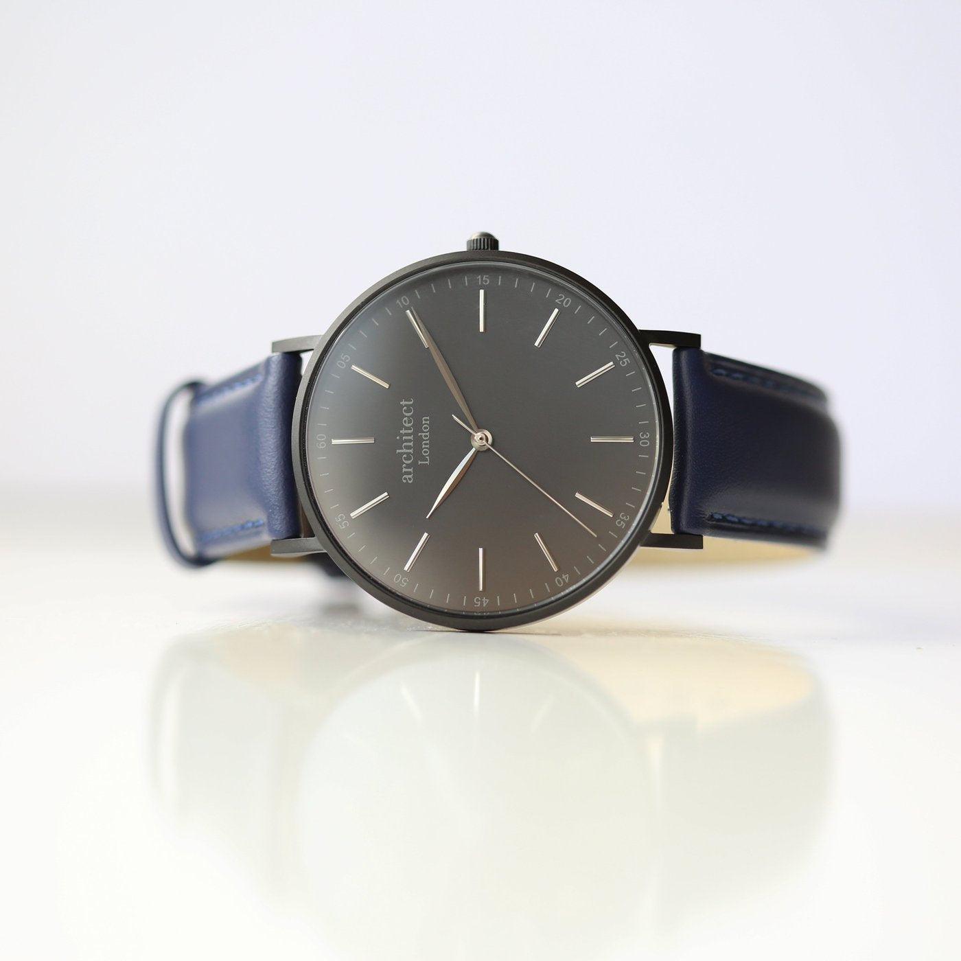 Personalised Architect Mens Minimalist Watch With Admiral Blue Strap & Modern Font - Shop Personalised Gifts