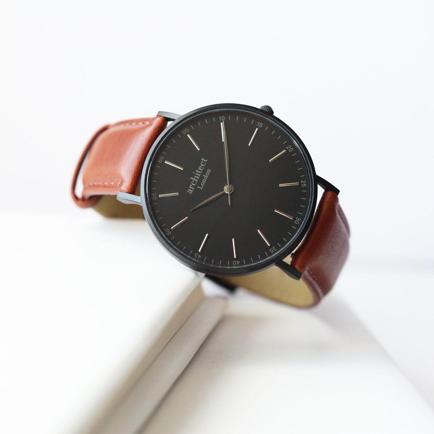 Personalised Architect Mens Minimalist Watch With Walnut Strap - Shop Personalised Gifts