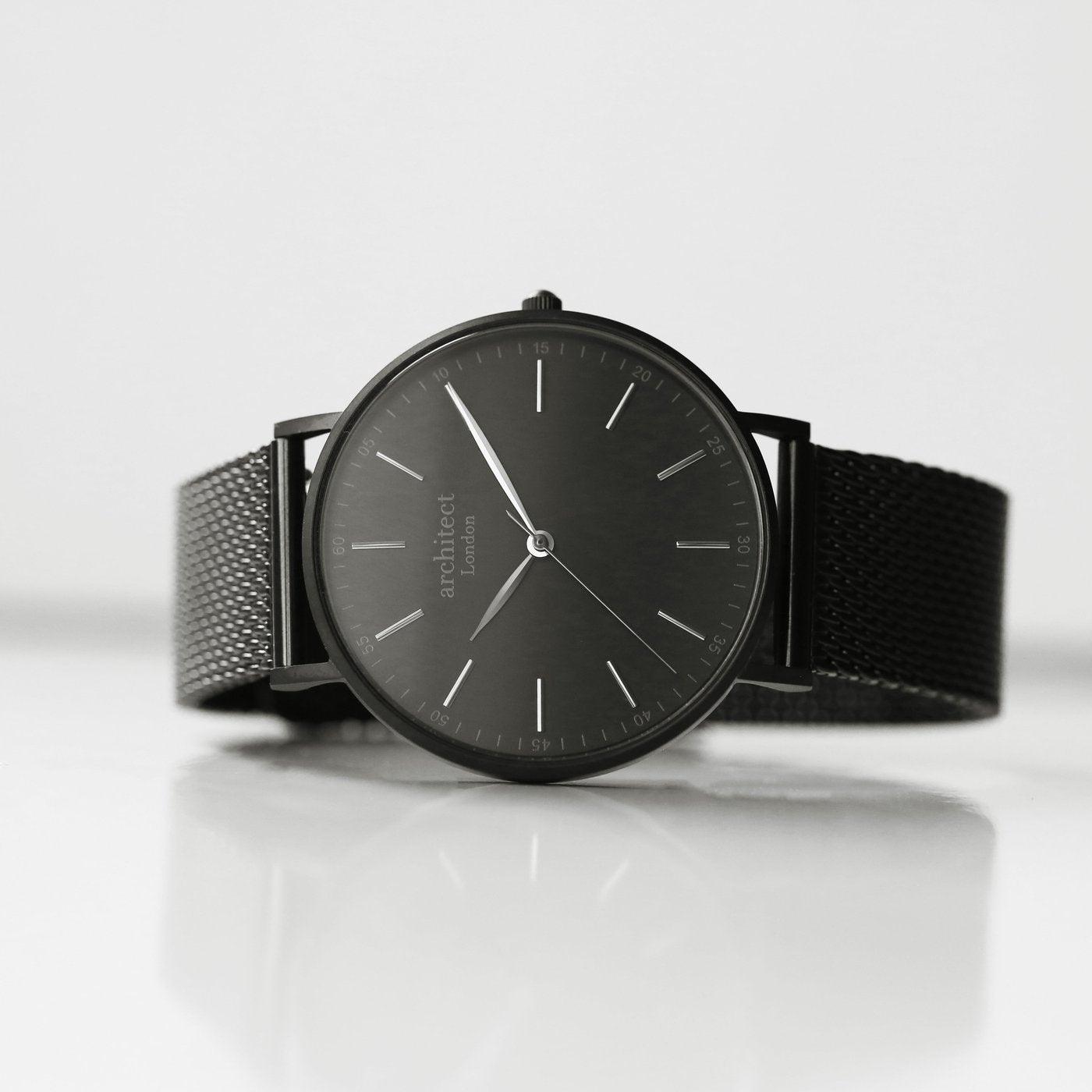 Personalised Men's Architect Minimalist Watch With Pitch Black Mesh Strap - Shop Personalised Gifts