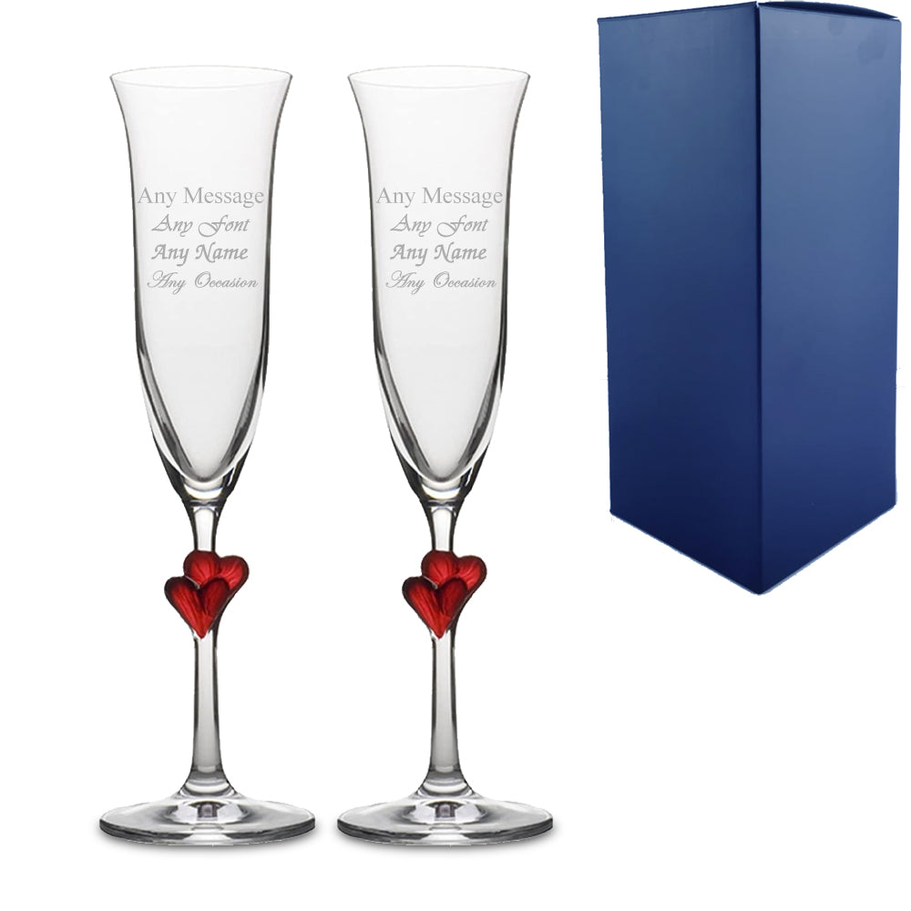 Engraved 2 LAmour Red Heart Champagne Flutes With Gift Box Image 1