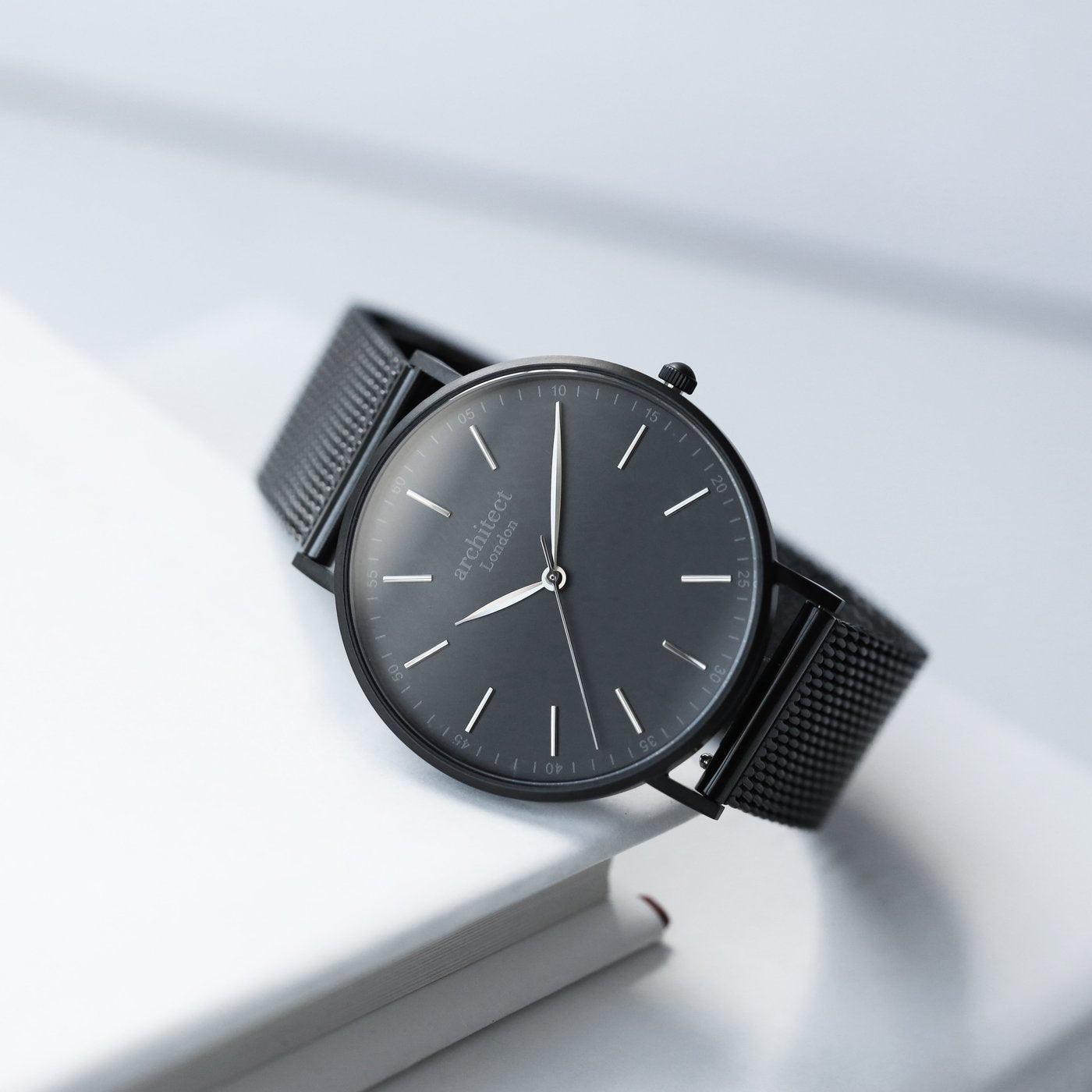 Handwriting Engraving Men's Minimalist Architect Watch With Pitch Black Mesh Strap - Shop Personalised Gifts