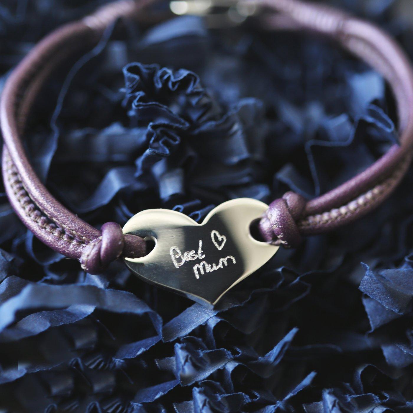 Own Handwriting Engraved Hearts Forever Leather Stainless Steel Bracelet Berry - Shop Personalised Gifts