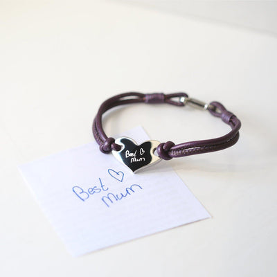 Own Handwriting Engraved Hearts Forever Leather Stainless Steel Bracelet Berry - Shop Personalised Gifts