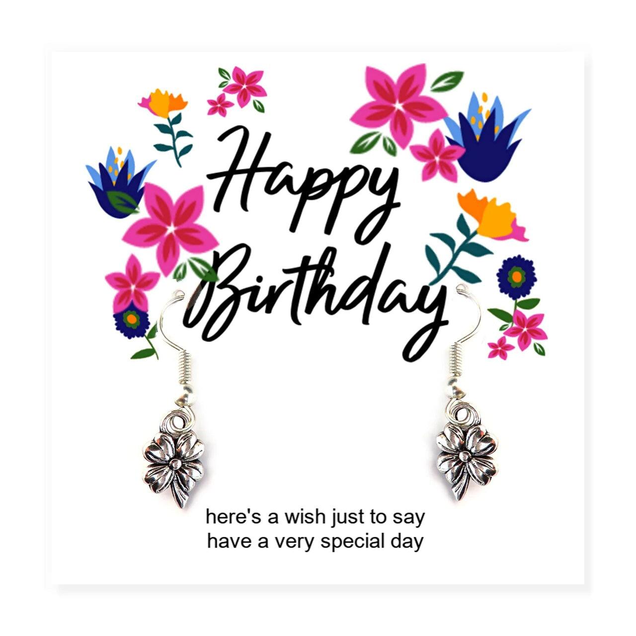 Happy Birthday Flower Silver Plated Earrings on Message Card - Non Personalised - Shop Personalised Gifts