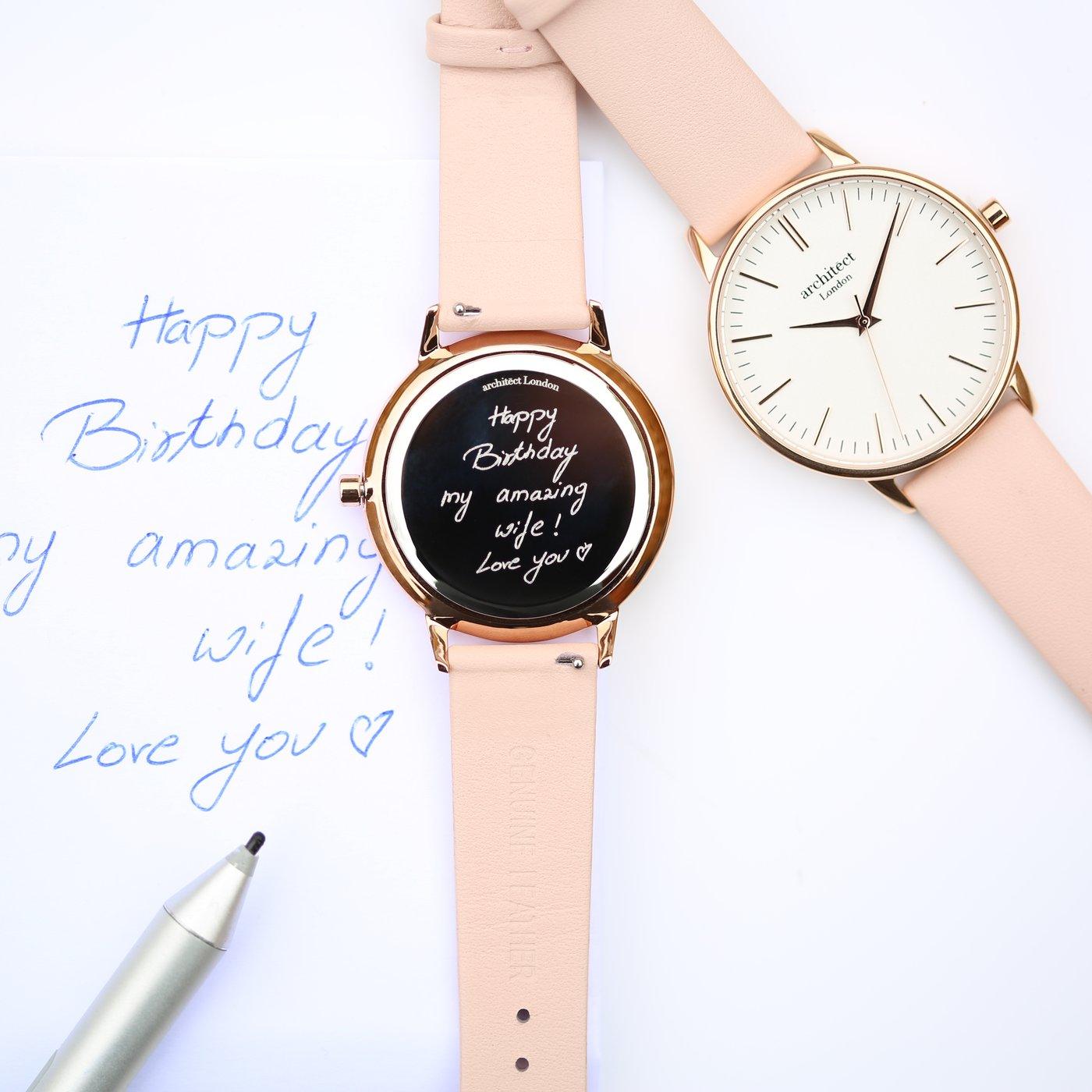 Own Handwriting Engraving Architēct Blanc Ladies Watch + Light Pink Strap - Shop Personalised Gifts