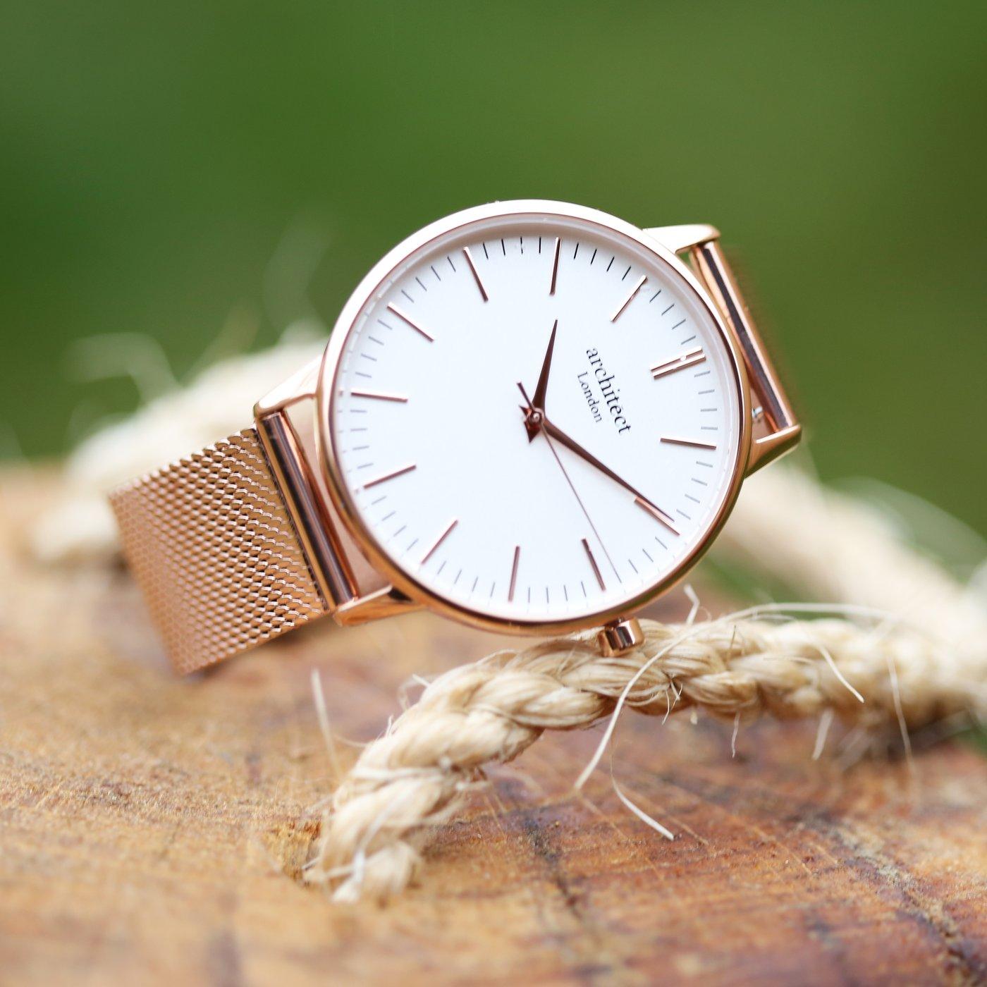 Own Handwriting Engraving Architēct Blanc Ladies Watch + Rose Gold Mesh Strap - Shop Personalised Gifts