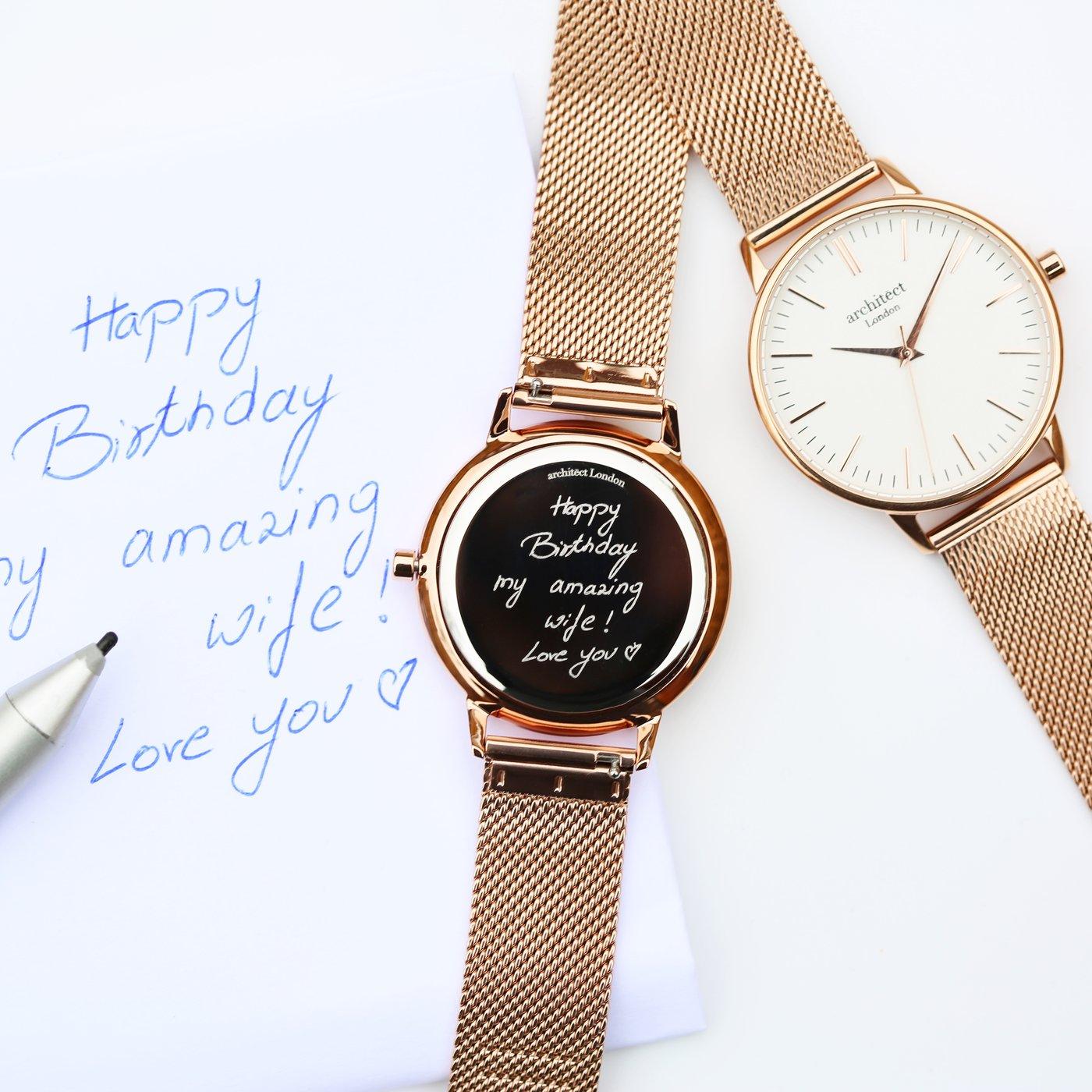 Own Handwriting Engraving Architēct Blanc Ladies Watch + Rose Gold Mesh Strap - Shop Personalised Gifts