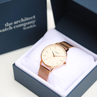 Own Handwriting Engraving Architēct Blanc Ladies Watch + Rose Gold Mesh Strap - Shop Personalised Gifts