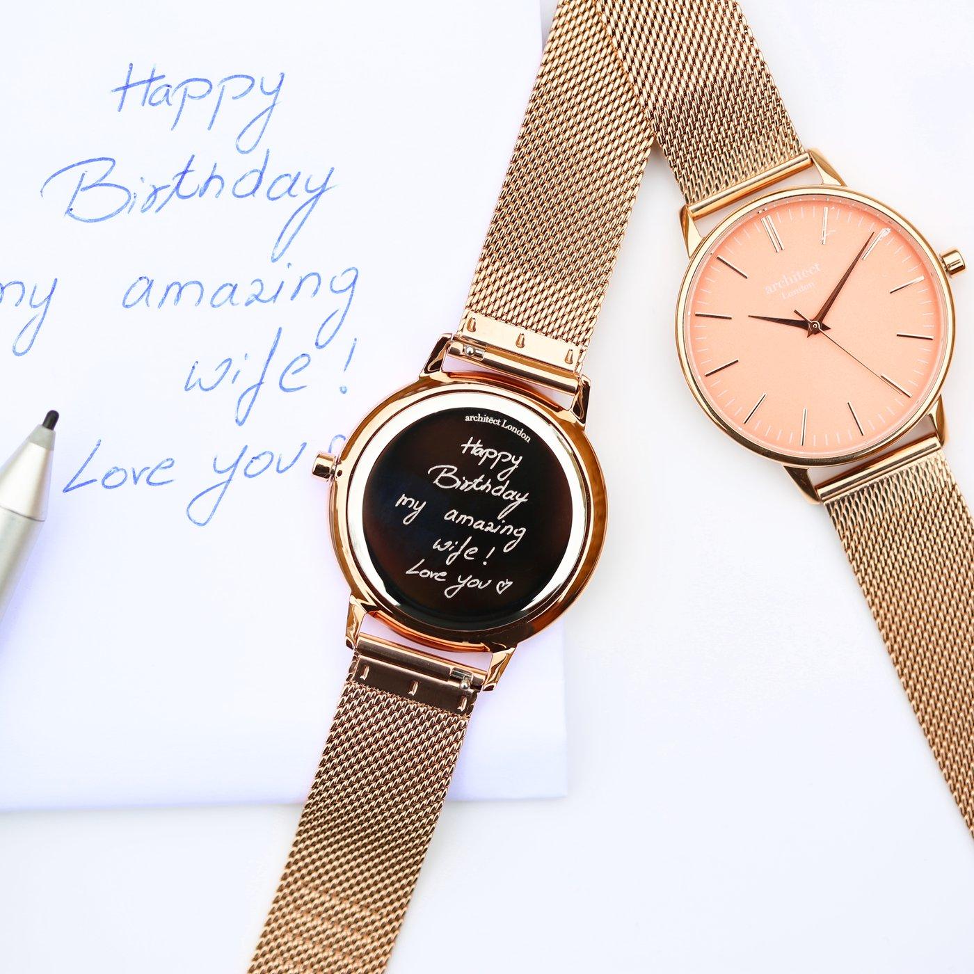 Own Handwriting Engraving Architēct Coral Ladies Watch + Rose Gold Mesh Strap - Shop Personalised Gifts