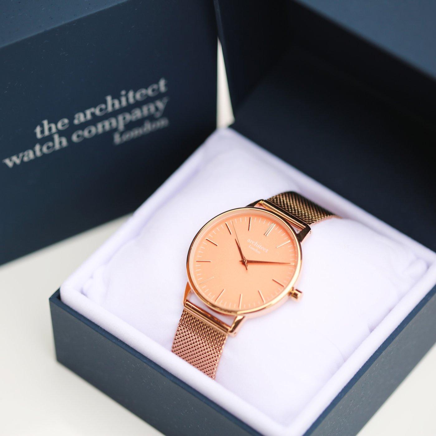 Own Handwriting Engraving Architēct Coral Ladies Watch + Rose Gold Mesh Strap - Shop Personalised Gifts