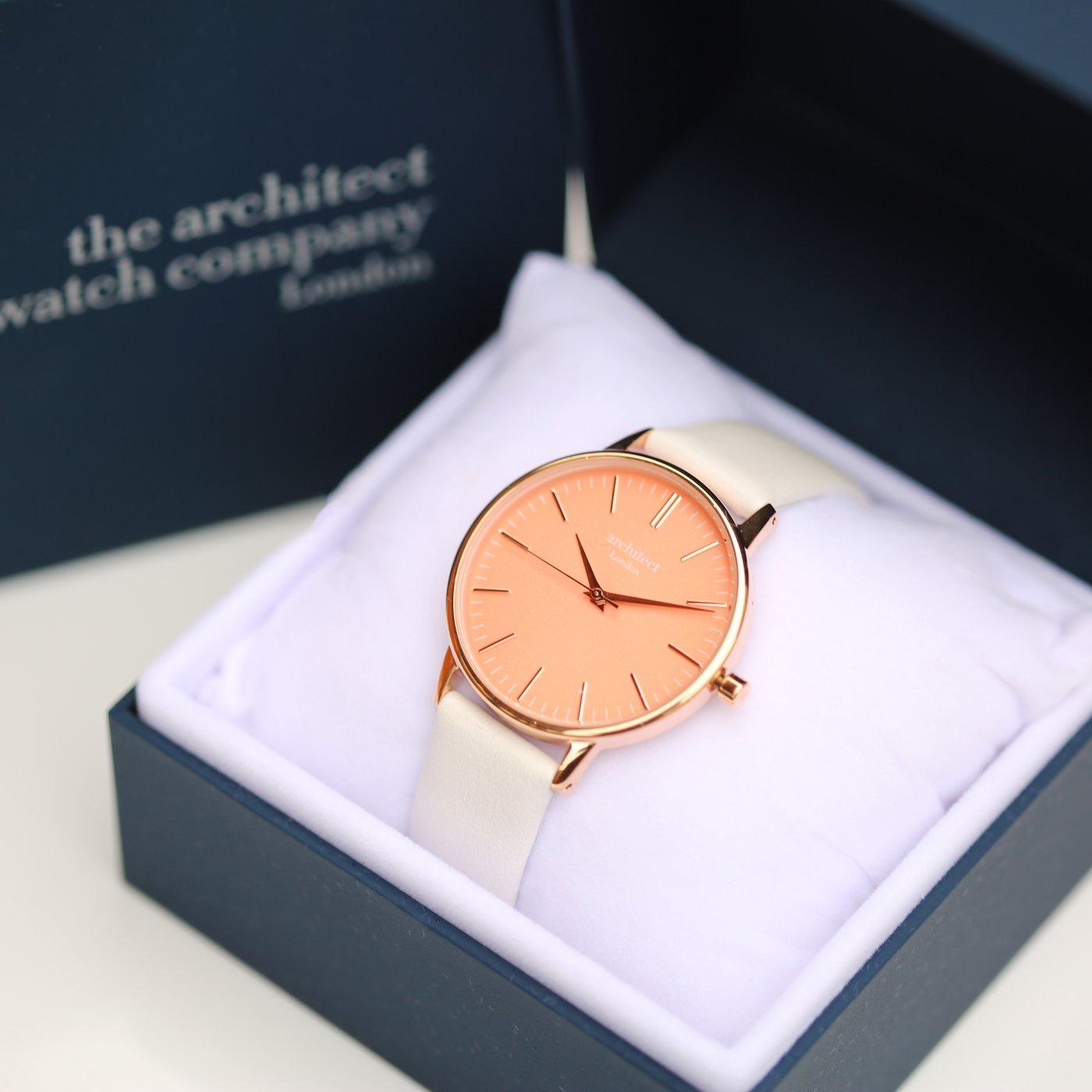 Own Handwriting Engraving Architēct Coral Ladies Watch + White Strap - Shop Personalised Gifts