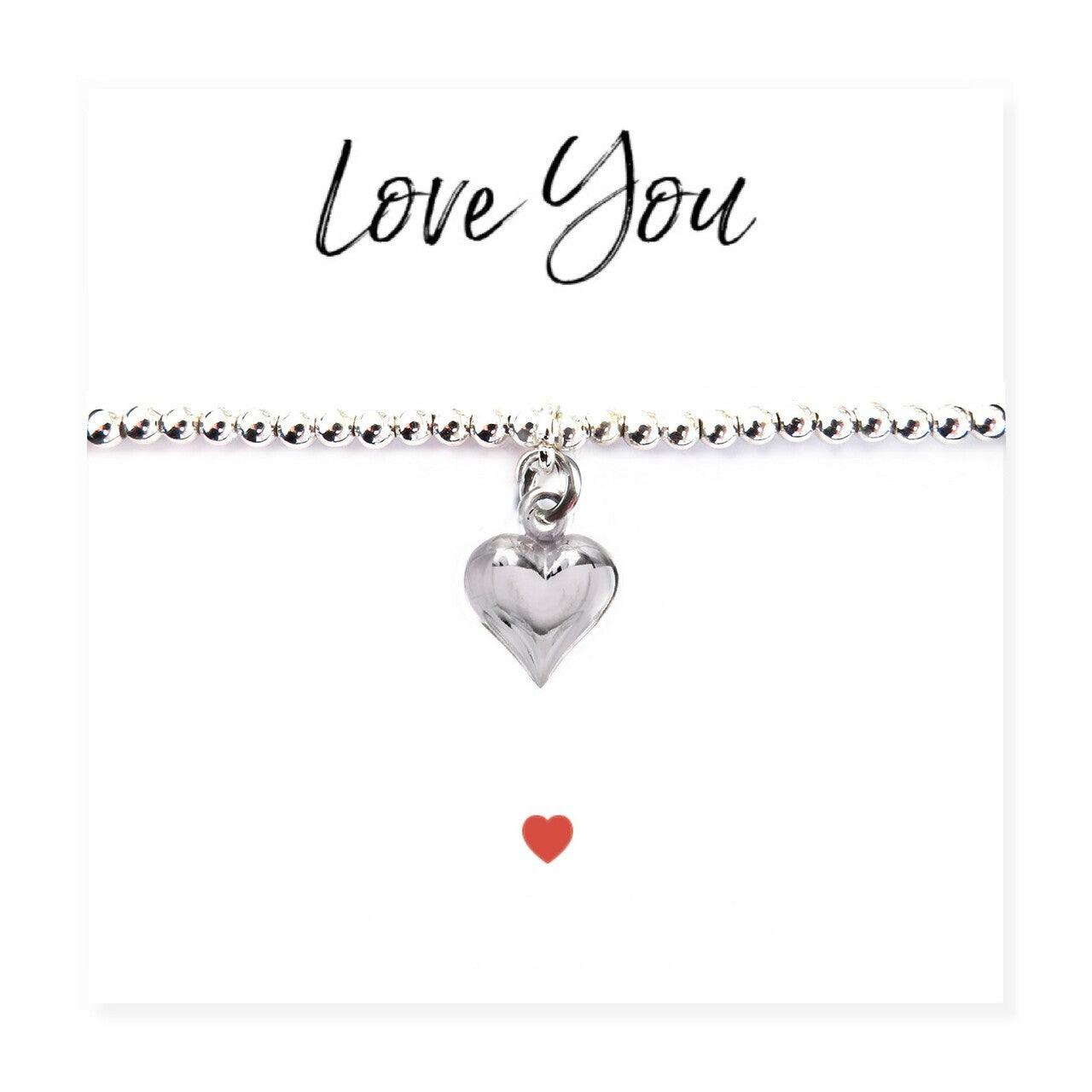 Love You Heart Silver Plated Stretch Beaded Bracelet & Message Card - Non Personalised - Shop Personalised Gifts