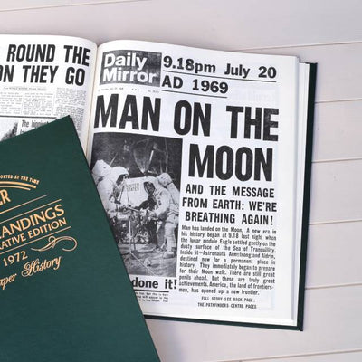 Personalised Lunar Landings Newspaper Book - Green Leatherette - Shop Personalised Gifts