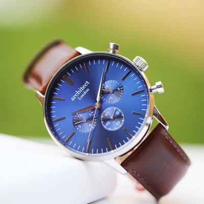 Personalised Men's Architect Motivator Watch With Modern Font & Brown Strap - Shop Personalised Gifts