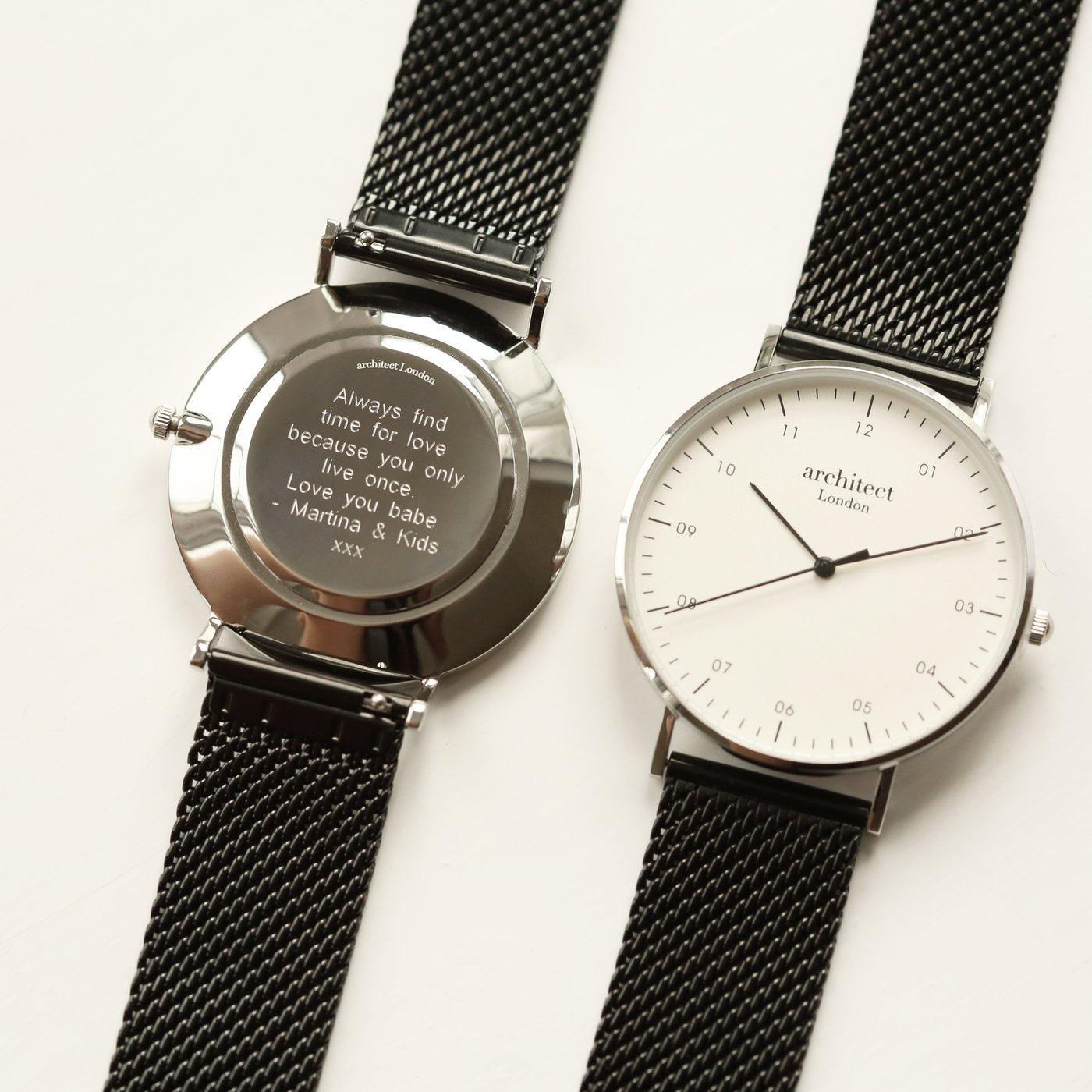 Personalised Men's Architect Zephyr Watch With Pitch Black Mesh Strap & Modern Font - Shop Personalised Gifts