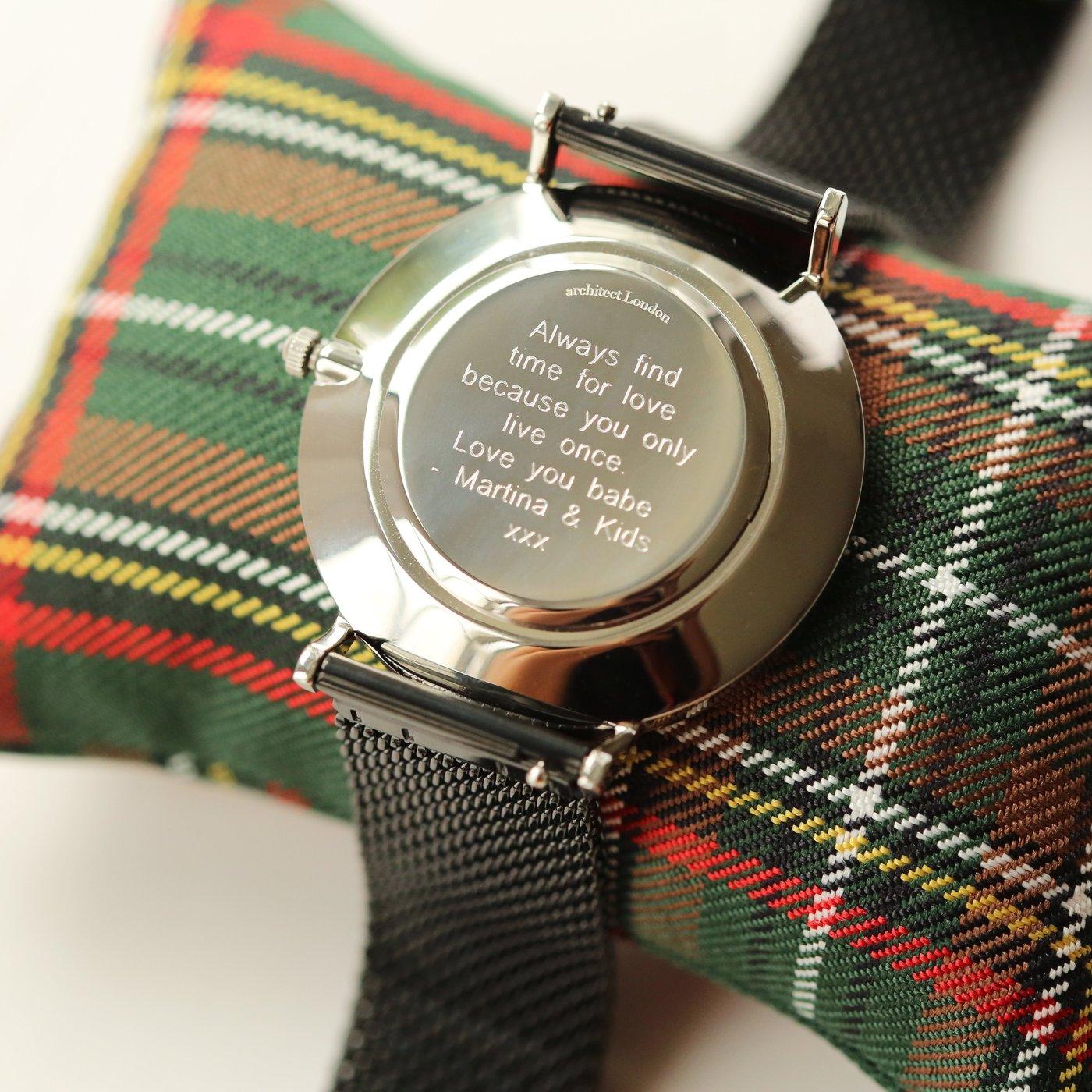Personalised Men's Architect Zephyr Watch With Pitch Black Mesh Strap & Modern Font - Shop Personalised Gifts