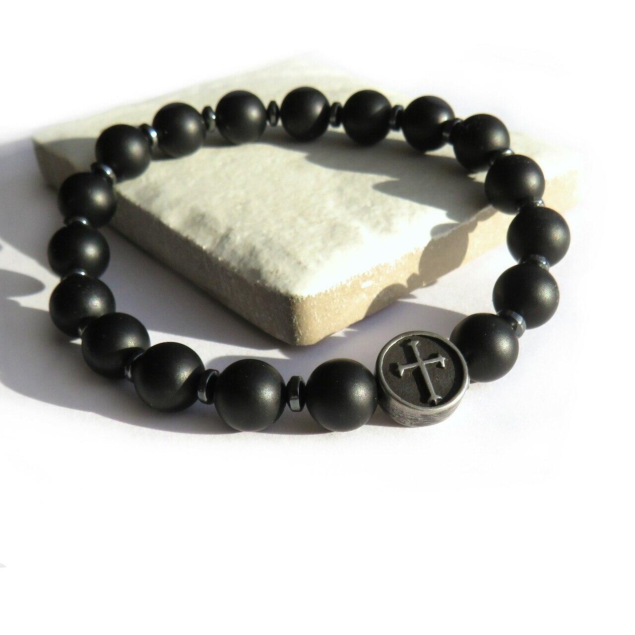 Men's Black Agate & Cross Bracelet - Non Personalised - Shop Personalised Gifts