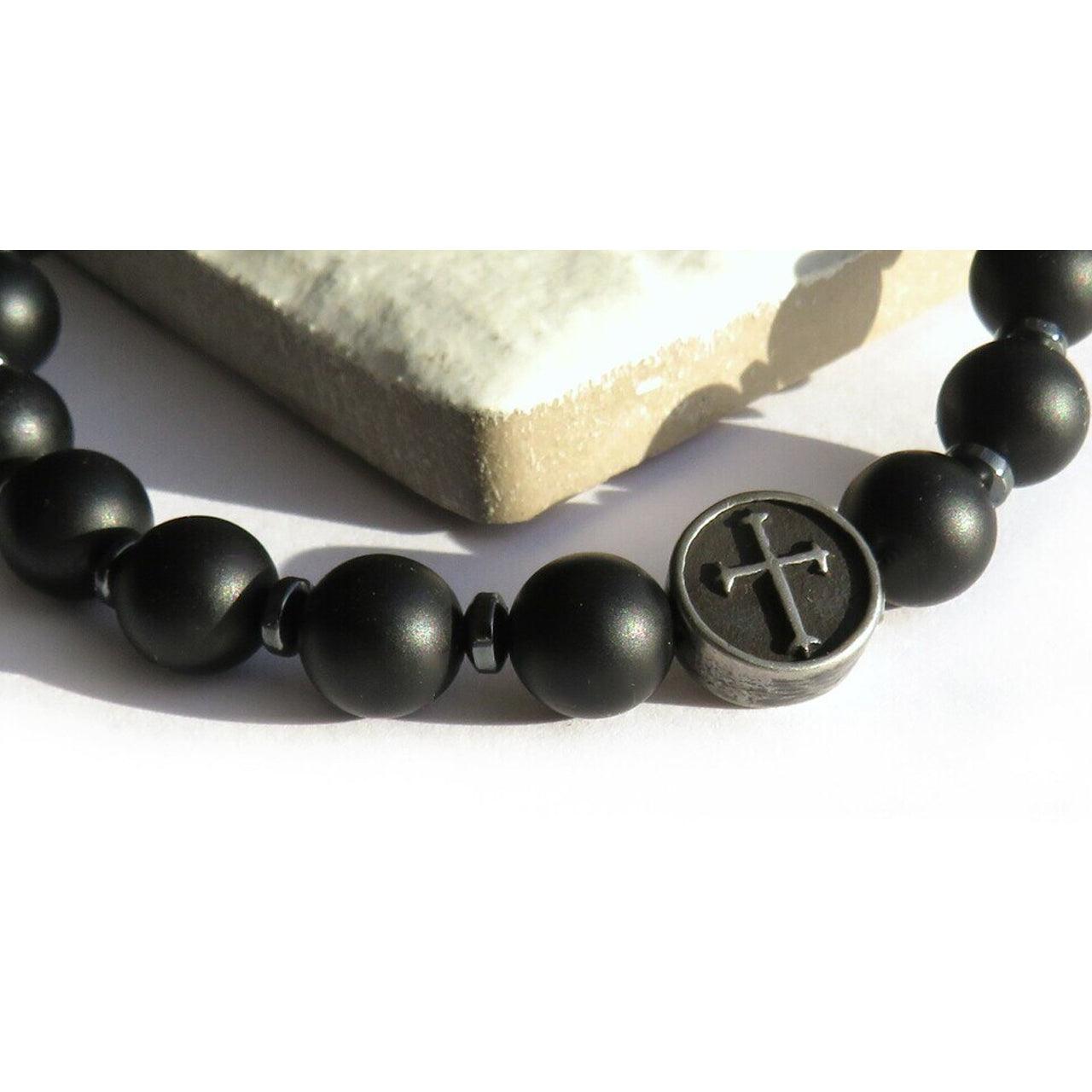 Men's Black Agate & Cross Bracelet - Non Personalised - Shop Personalised Gifts