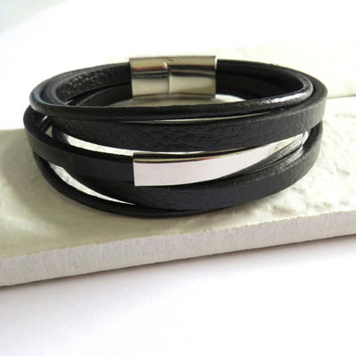 Men's Black Leather Bar Bracelet - Non Personalised - Shop Personalised Gifts