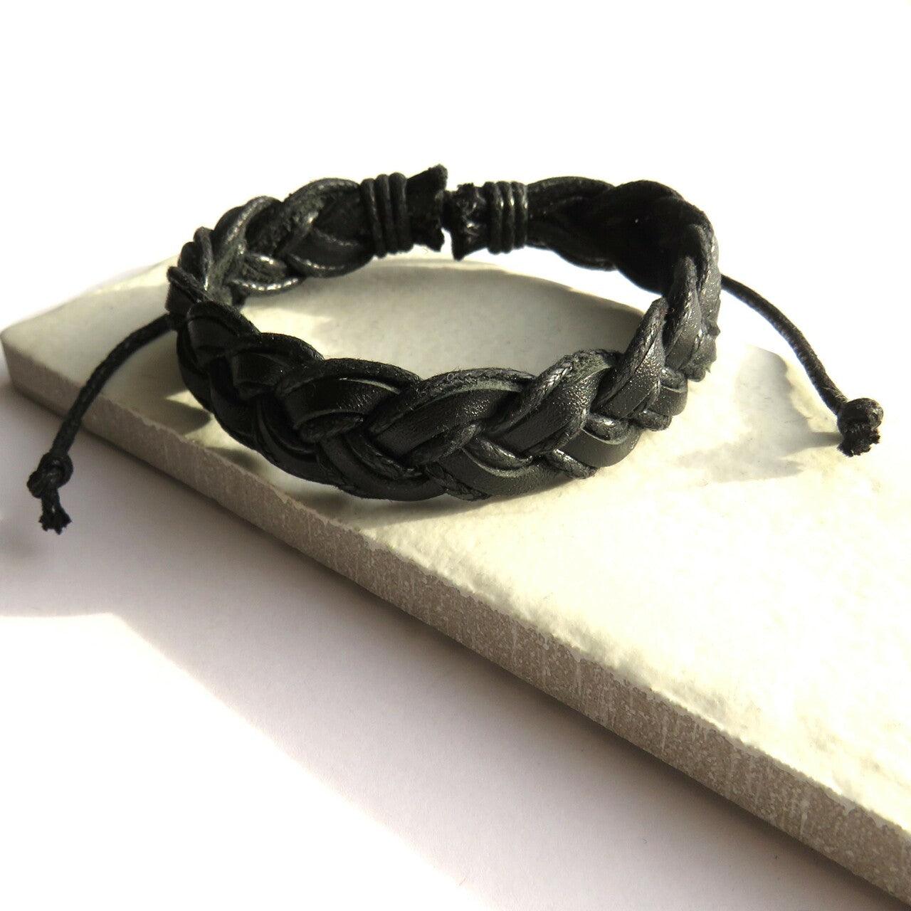 Mens Black Pleated Leather Bracelet - Non Personalised - Shop Personalised Gifts