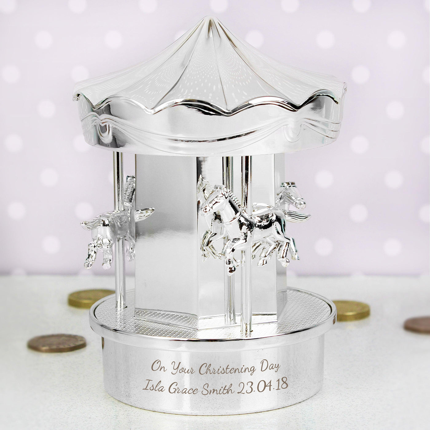 Personalised Silver Plated Carousel Money Box - Shop Personalised Gifts