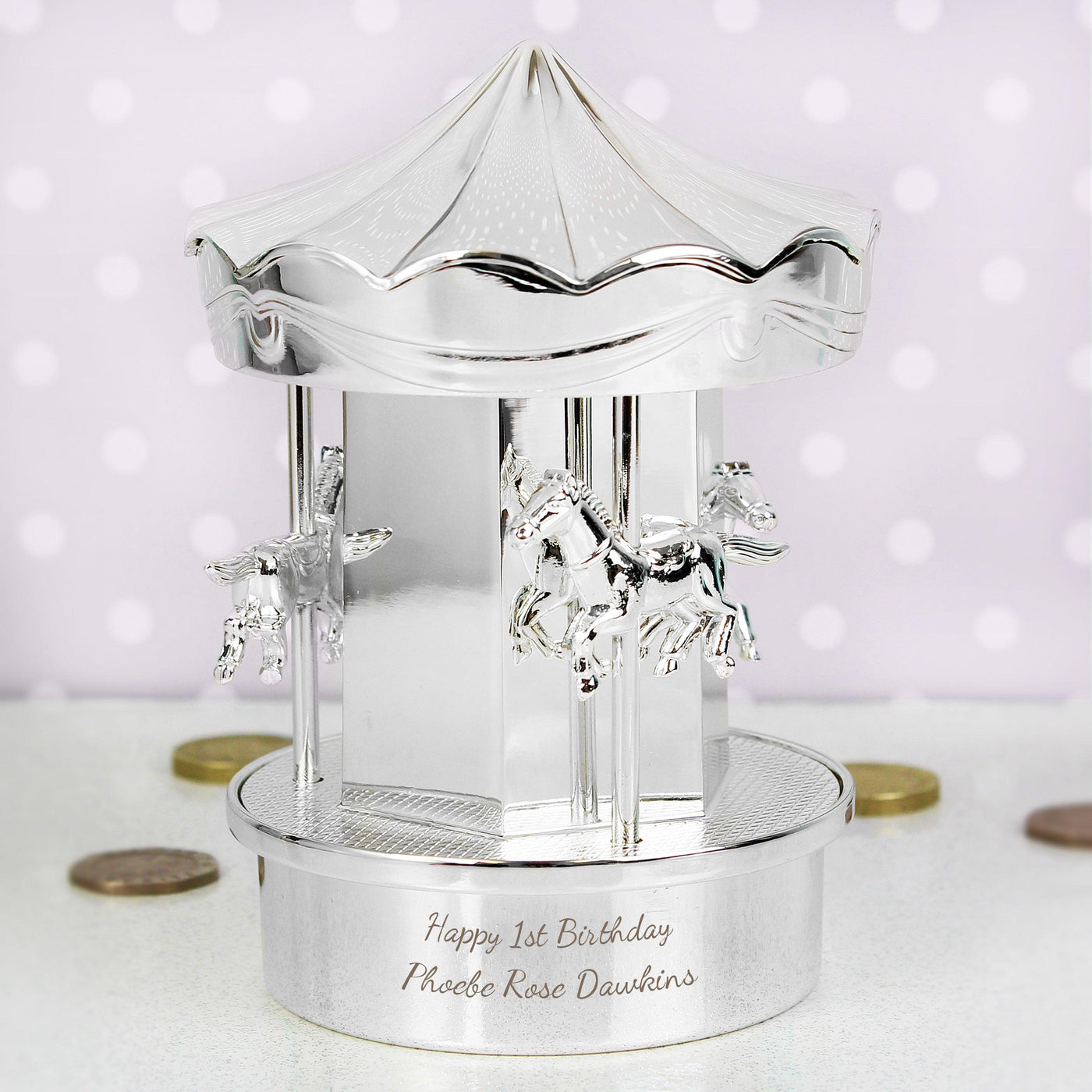 Personalised Silver Plated Carousel Money Box - Shop Personalised Gifts