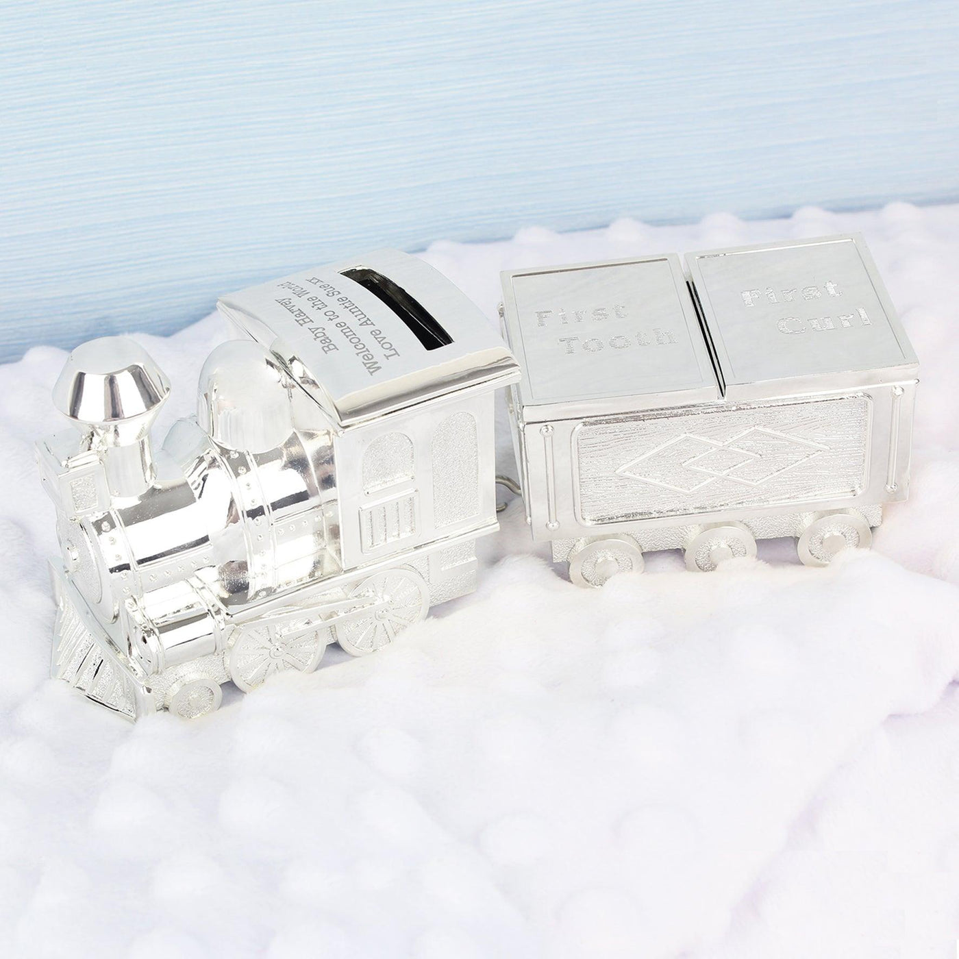 Personalised Silver Plated Train Money Box with Tooth & Curl Trinket Box - Shop Personalised Gifts