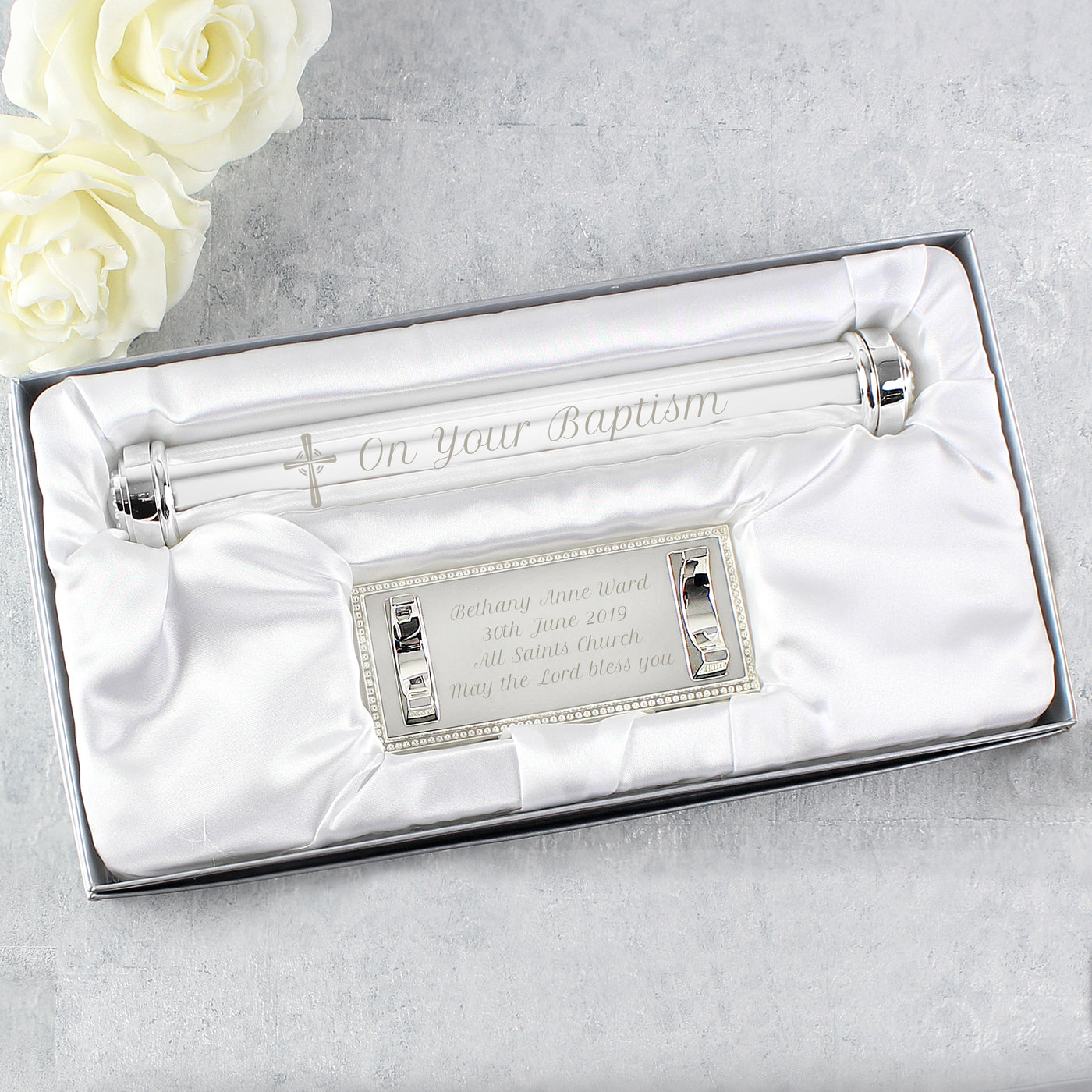 Personalised Christening Cross Silver Plated Certificate Holder