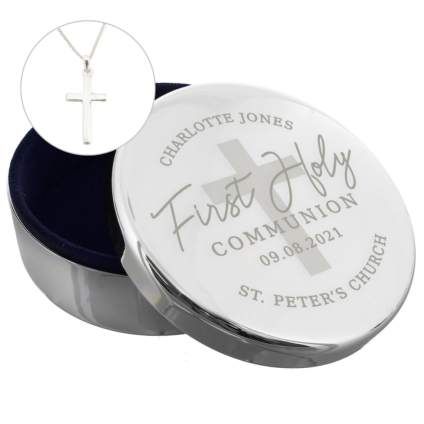 Personalised First Holy Communion Round Trinket Box & Cross Necklace Set - Shop Personalised Gifts