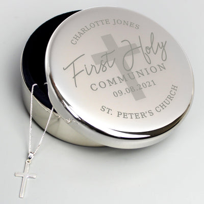 Personalised First Holy Communion Round Trinket Box & Cross Necklace Set - Shop Personalised Gifts