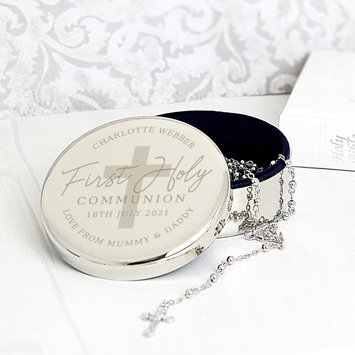 Personalised First Holy Communion Nickel Plated Round Trinket Box & Rosary Beads Set - Shop Personalised Gifts
