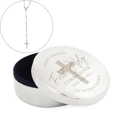 Personalised First Holy Communion Nickel Plated Round Trinket Box & Rosary Beads Set - Shop Personalised Gifts