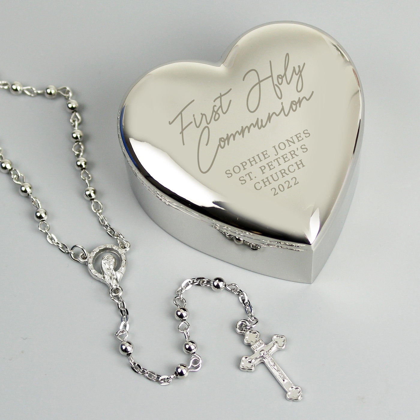 Personalised First Holy Communion Rosary Beads and Cross Heart Nickel Plated Trinket Box - Shop Personalised Gifts