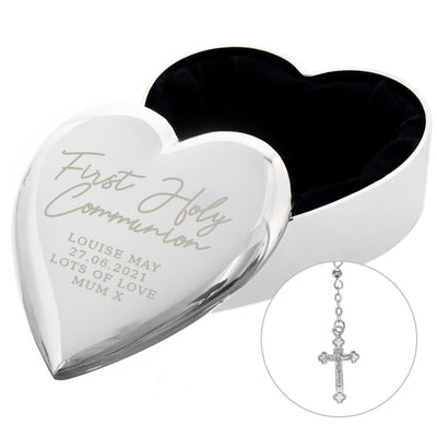 Personalised First Holy Communion Rosary Beads and Cross Heart Nickel Plated Trinket Box - Shop Personalised Gifts
