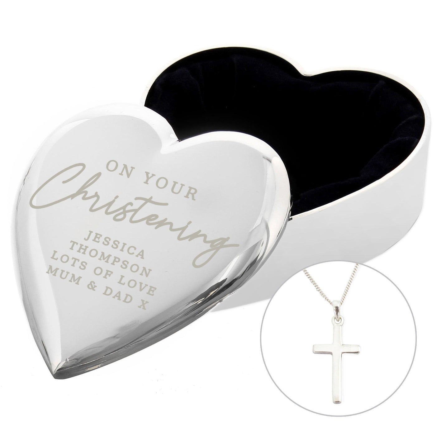 Personalised Christening Heart Nickel Plated Trinket Box & Cross Necklace Set - Shop Personalised Gifts