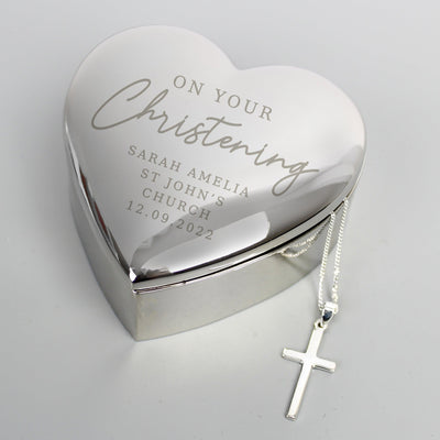 Personalised Christening Heart Nickel Plated Trinket Box & Cross Necklace Set - Shop Personalised Gifts