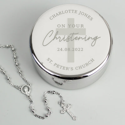 Personalised Christening Round Nickel Plated Trinket Box & Rosary Beads Set - Shop Personalised Gifts