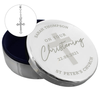 Personalised Christening Round Nickel Plated Trinket Box & Rosary Beads Set - Shop Personalised Gifts