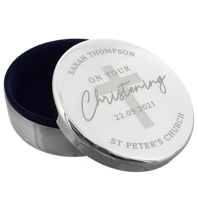 Personalised Christening Round Nickel Plated Trinket Box - Shop Personalised Gifts