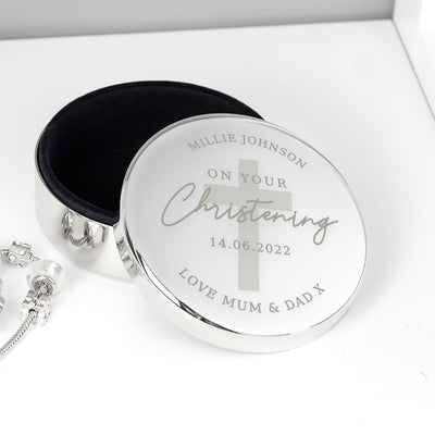Personalised Christening Round Nickel Plated Trinket Box - Shop Personalised Gifts