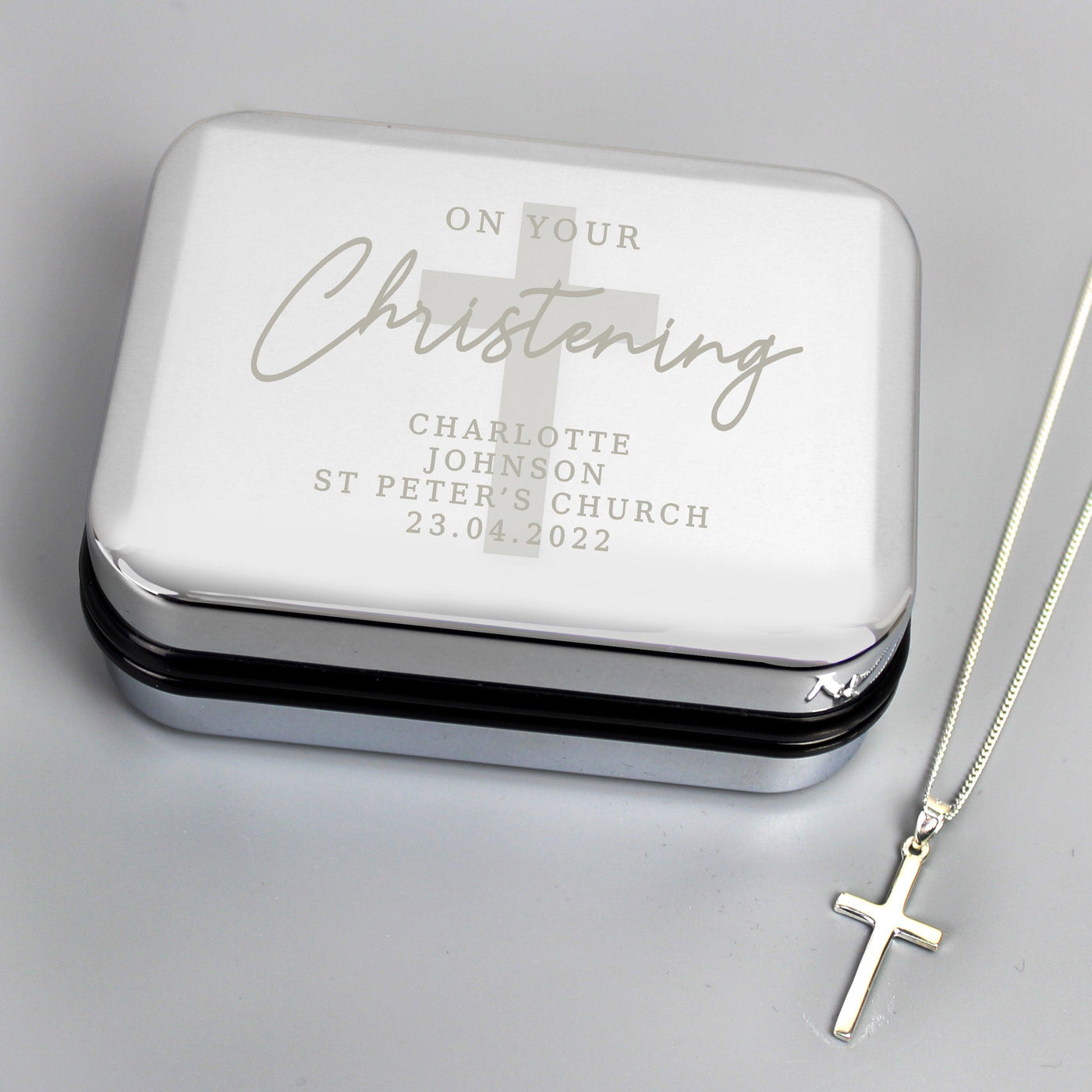Personalised Christening Nickel Plated Trinket Box & Cross Necklace Set - Shop Personalised Gifts