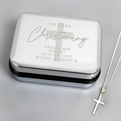 Personalised Christening Nickel Plated Trinket Box & Cross Necklace Set - Shop Personalised Gifts