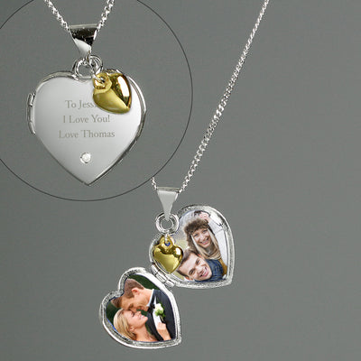 Personalised Sterling Silver Heart Locket Necklace with Diamond and 9ct Gold Charm - Shop Personalised Gifts