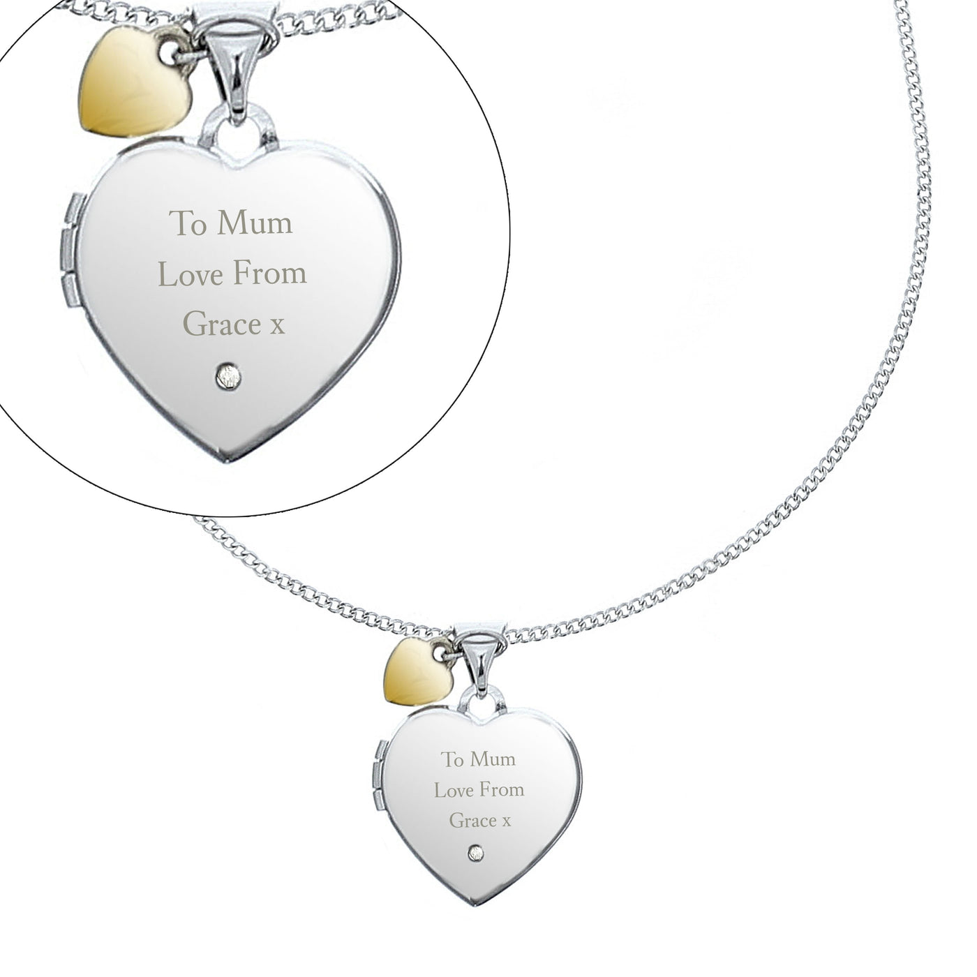 Personalised Sterling Silver Heart Locket Necklace with Diamond and 9ct Gold Charm - Shop Personalised Gifts