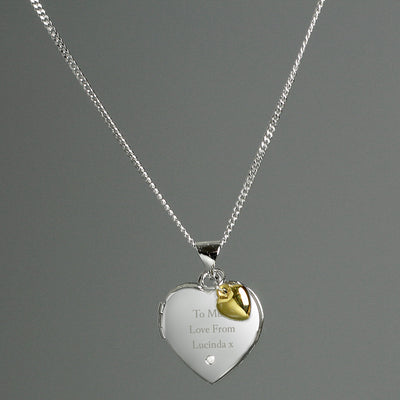 Personalised Sterling Silver Heart Locket Necklace with Diamond and 9ct Gold Charm - Shop Personalised Gifts