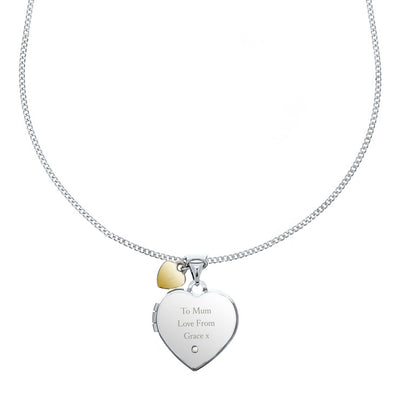 Personalised Sterling Silver Heart Locket Necklace with Diamond and 9ct Gold Charm - Shop Personalised Gifts