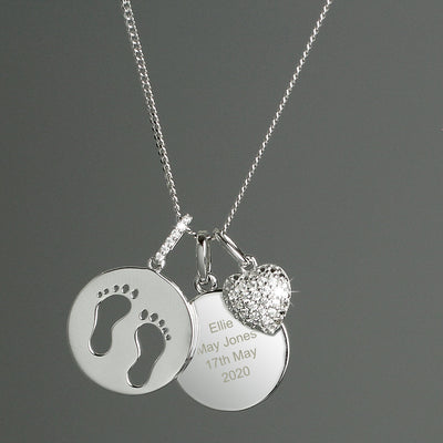 Personalised Sterling Silver Footprints and Cubic Zirconia Heart Necklace - Shop Personalised Gifts