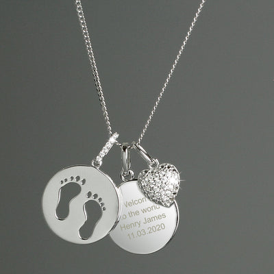 Personalised Sterling Silver Footprints and Cubic Zirconia Heart Necklace - Shop Personalised Gifts