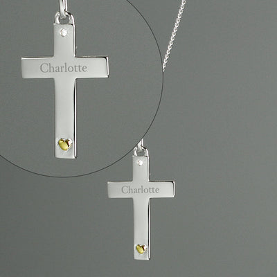 Personalised Sterling Silver Cross with 9ct Gold Heart & CZ Necklace - Shop Personalised Gifts