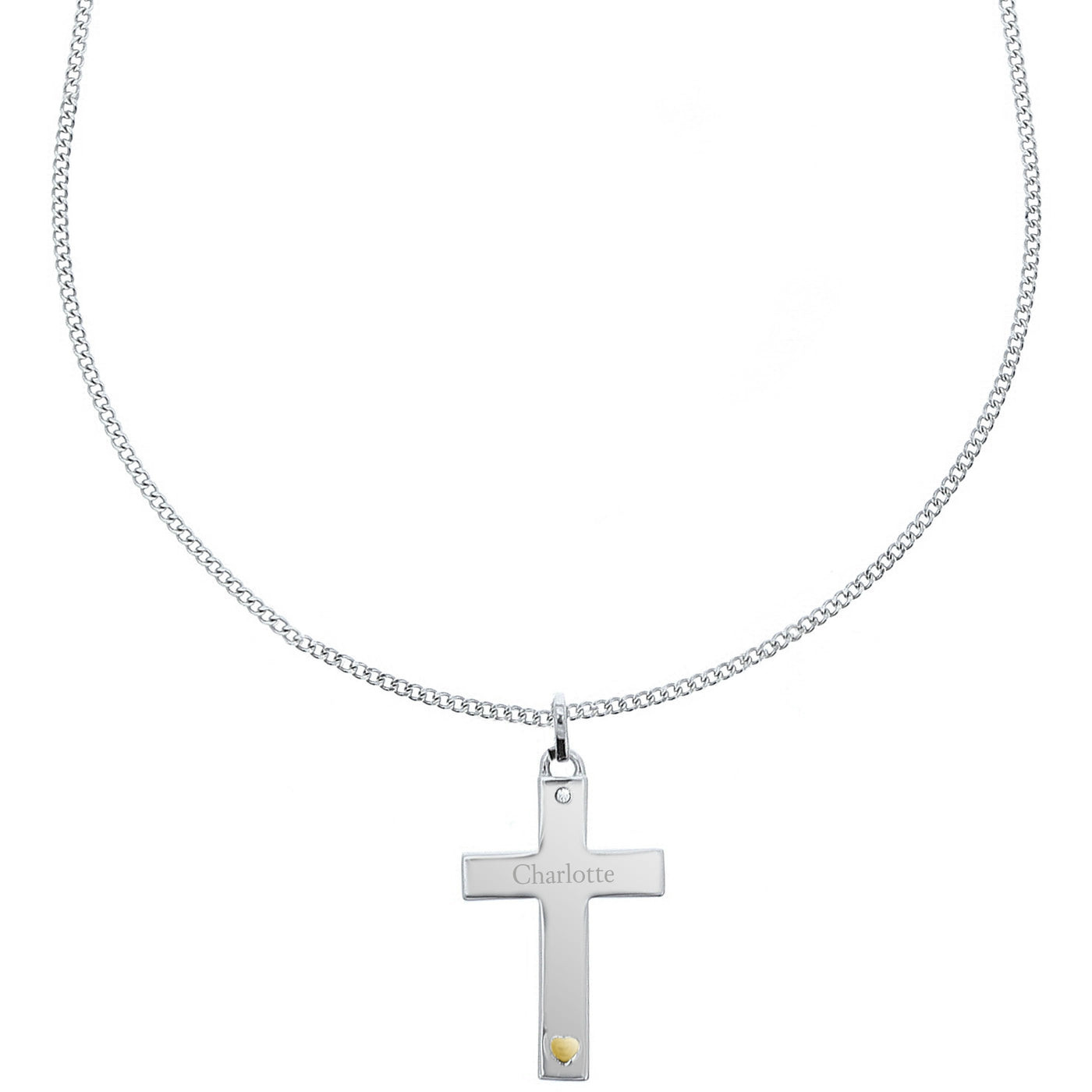 Personalised Sterling Silver Cross with 9ct Gold Heart & CZ Necklace - Shop Personalised Gifts